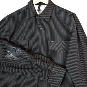 RVCA Tenore Pinstripe Button Shirt L Graphic Arm Patch Y2K Grunge Skater Surf